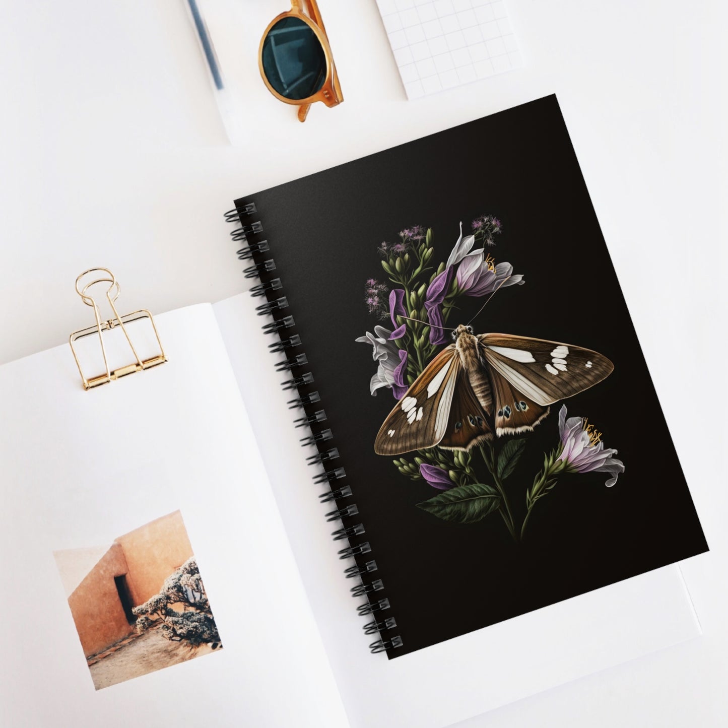 Brown Moth with Purple Flowers | Ruled Line Spiral Notebook