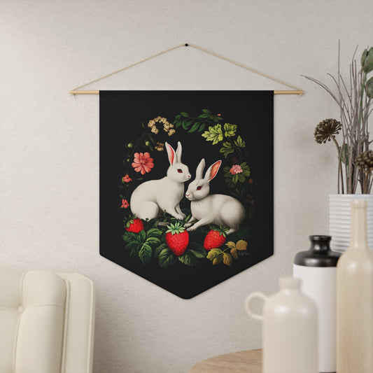 A Pair of Albino Bunnies with Berries | Hanging Pennant