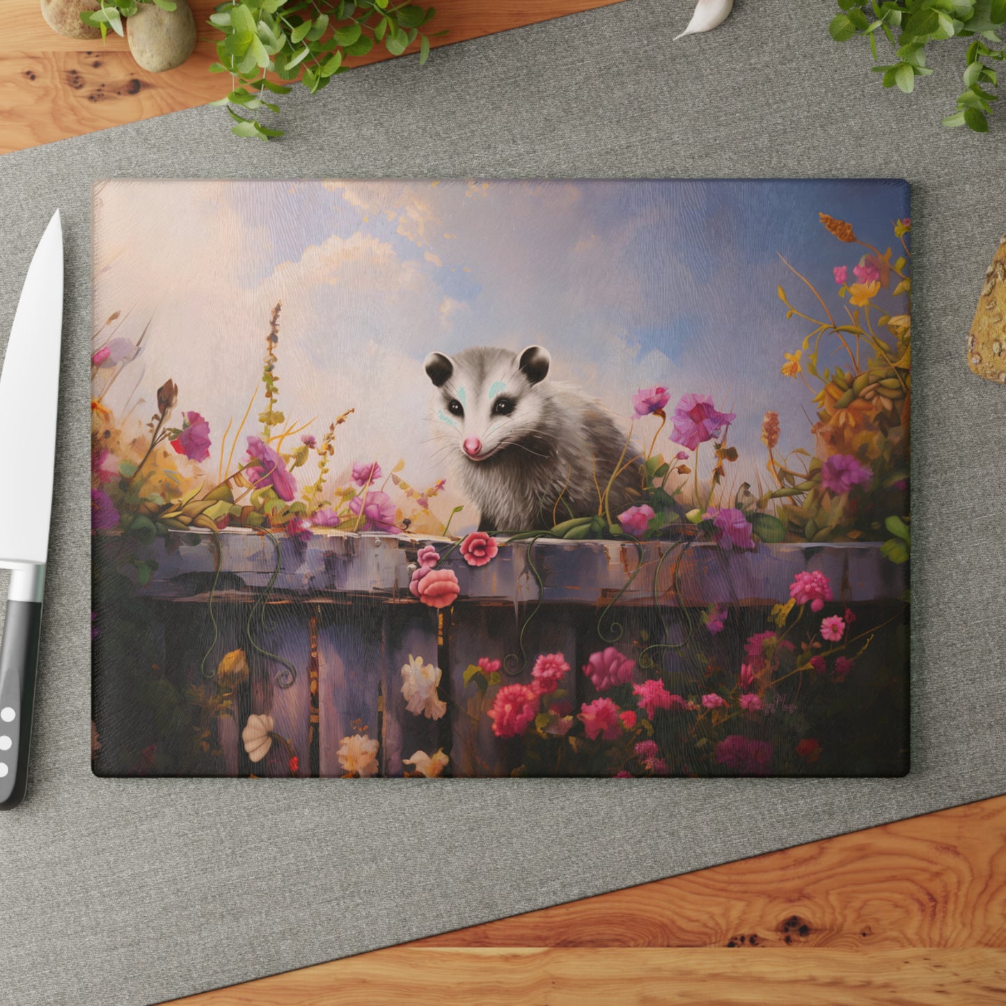 Opossum's Secret Retreat Glass Cutting Board