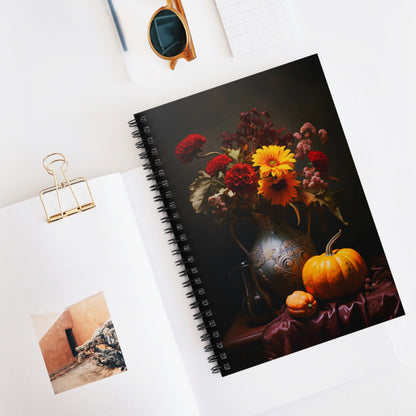 Autumn Flower Bouquet with Pumpkins | Ruled Line Spiral Notebook