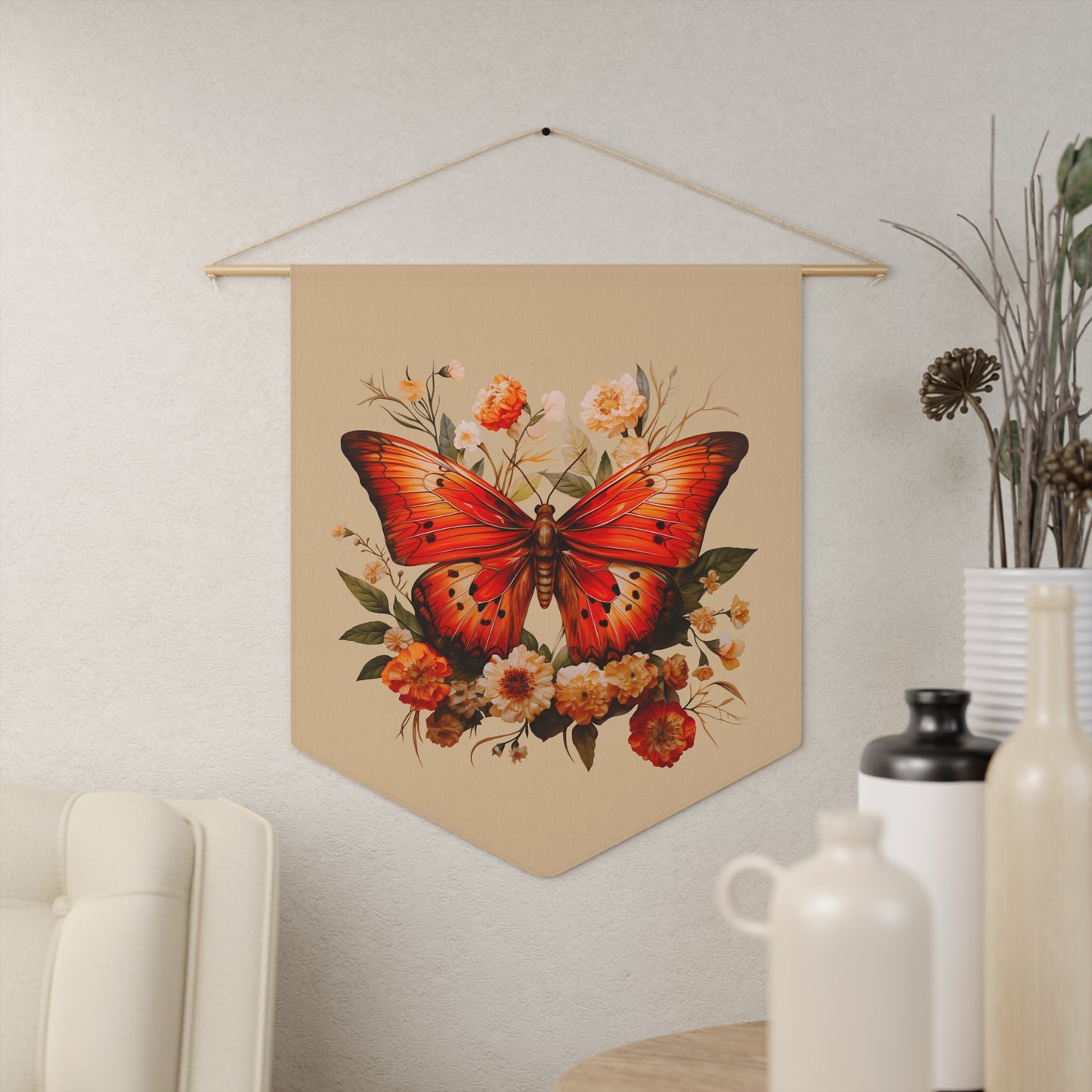 Orange and Ivory Moth with Flowers | Hanging Pennant