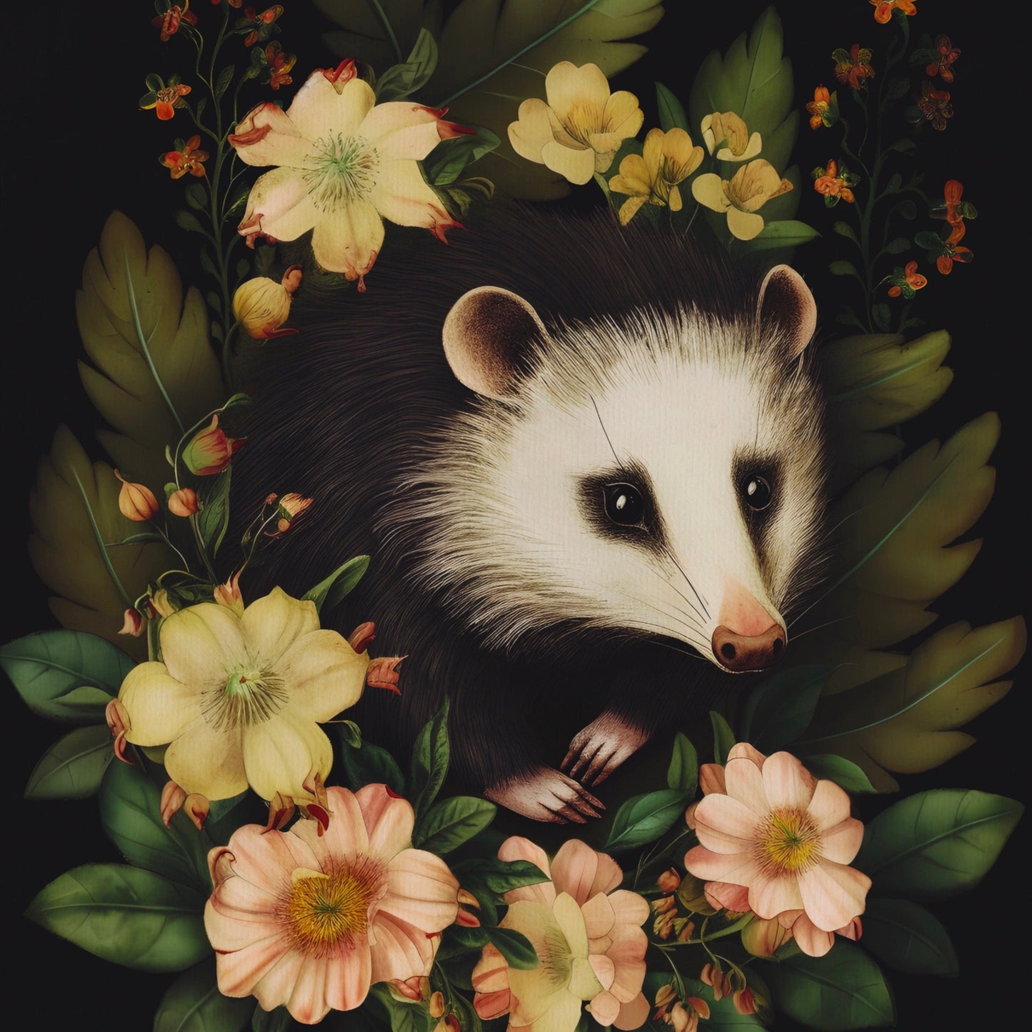 Fluffy Opossum with Flowers