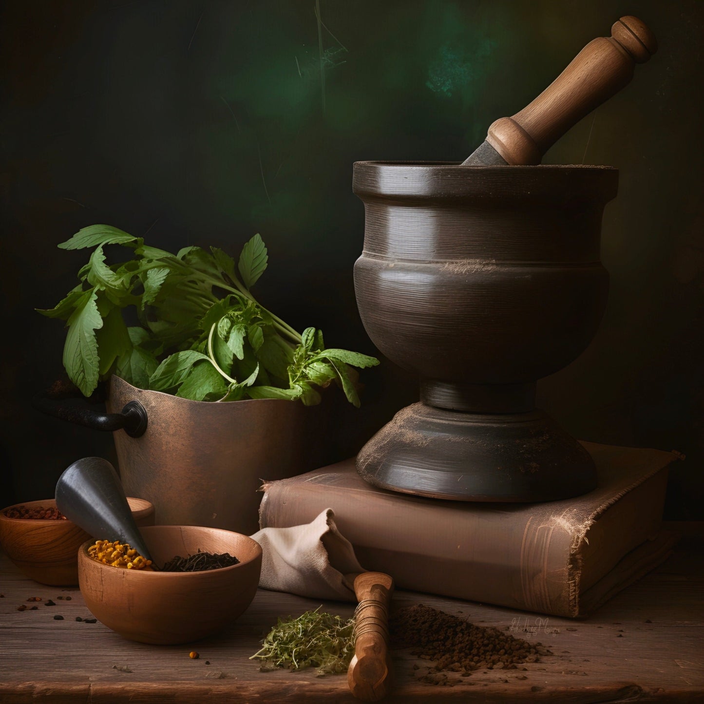 Mortar and Pestle with Herbs