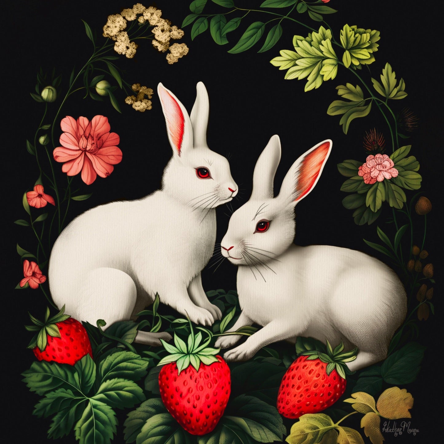 A Pair of Albino Bunnies with Berries