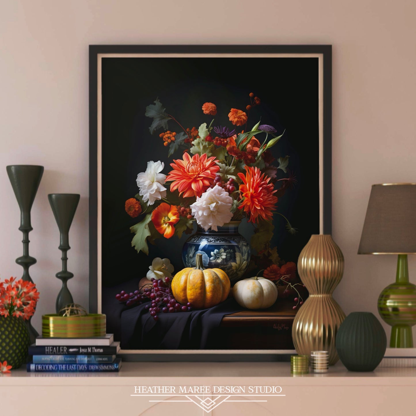 Flower Bouquet with Pumpkins and Fruit