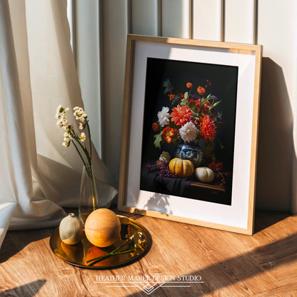 Flower Bouquet with Pumpkins and Fruit