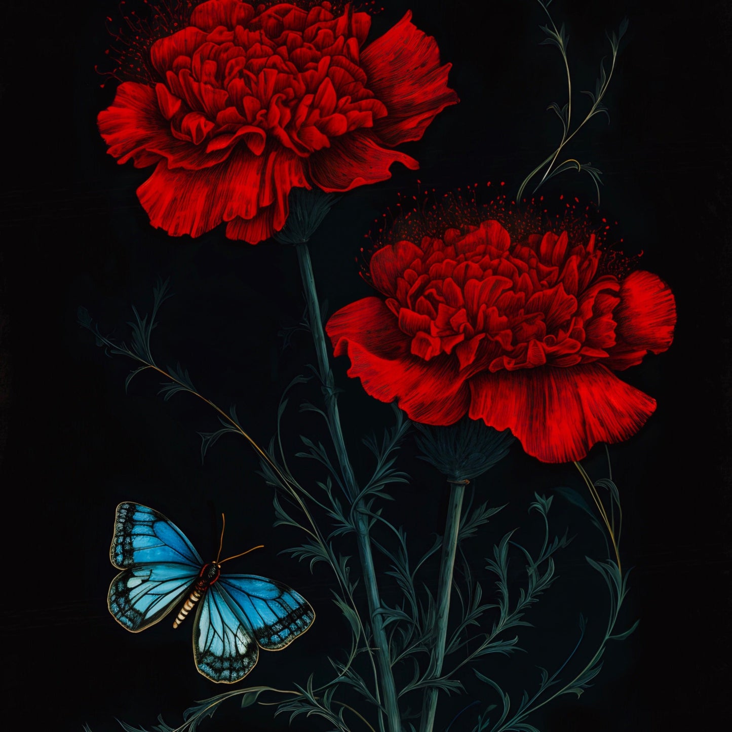 Blue Butterfly with Red Carnations