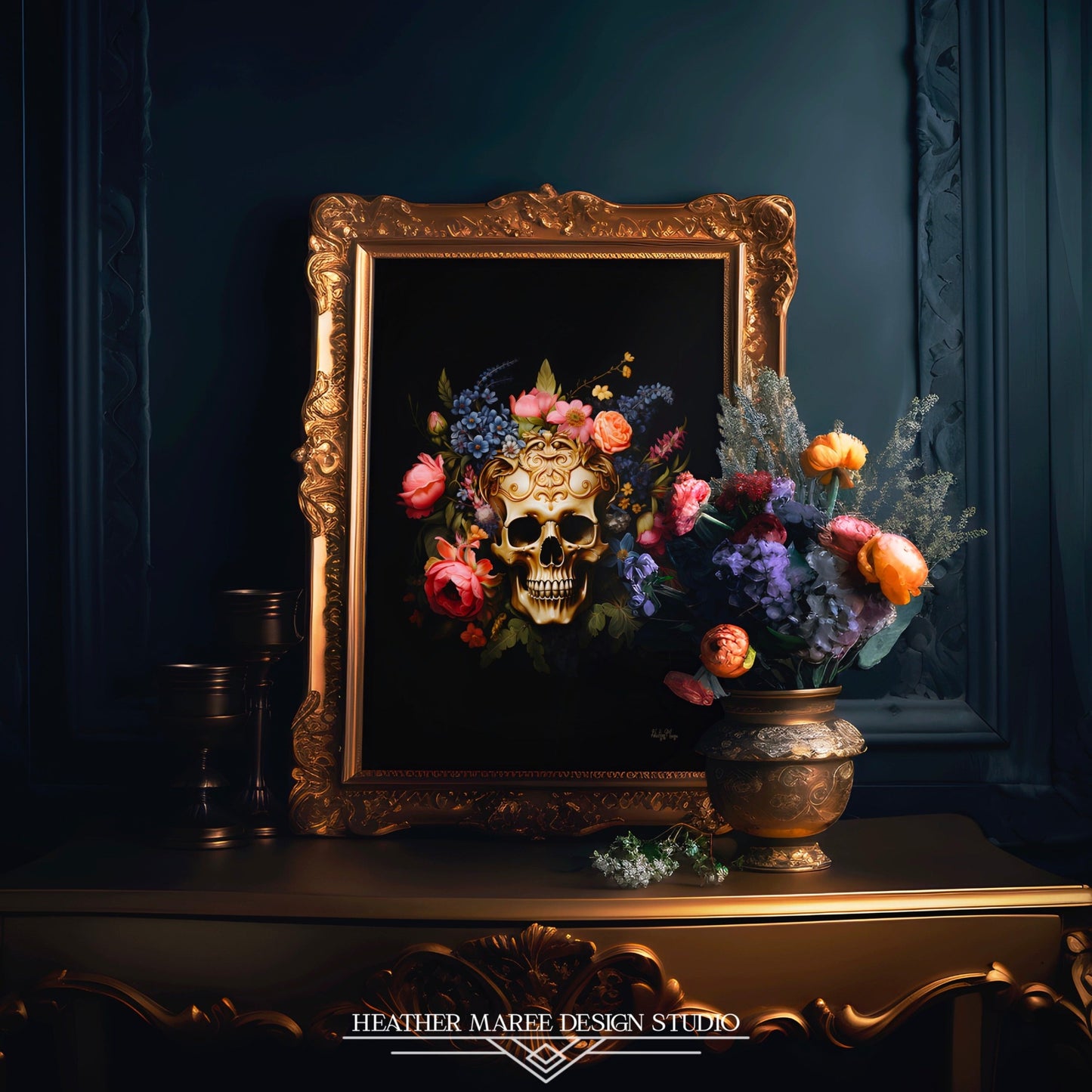 Golden Skull with Moody Flowers