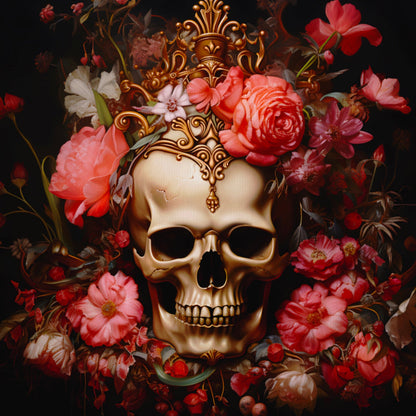 Skull with Golden Crown and Pink Flowers