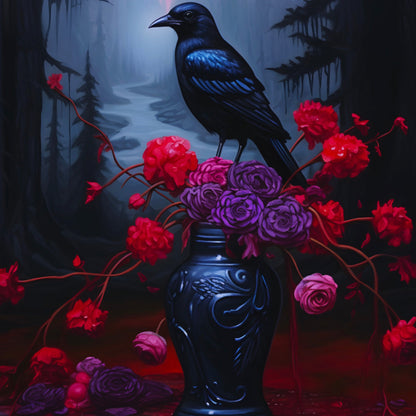 Crow Upon a Bouquet of Gothic Flowers