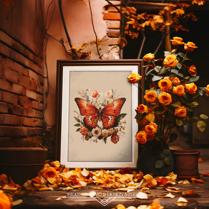 Orange and Ivory Moth with Flowers