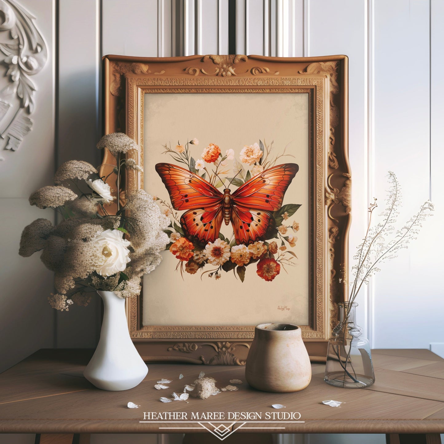 Orange and Ivory Moth with Flowers