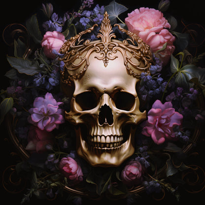 Golden Skull with Purple Flowers
