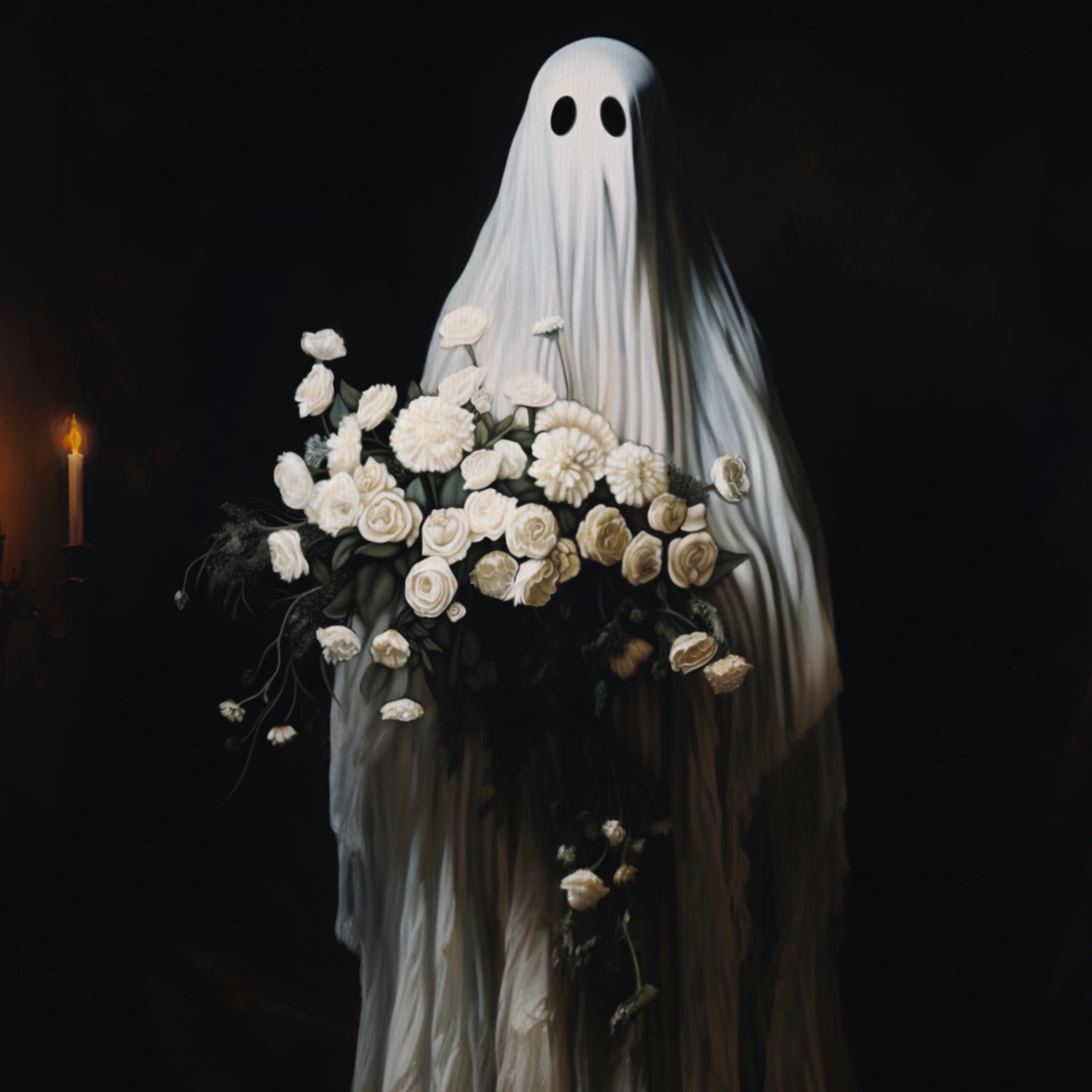 Ghost Maiden Holding a Bouquet of Flowers