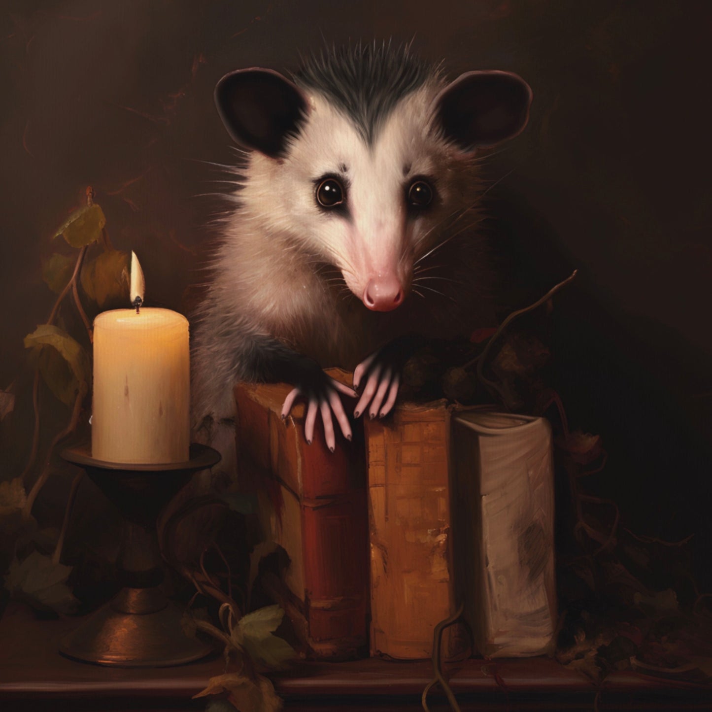 Opossum with Antique Books