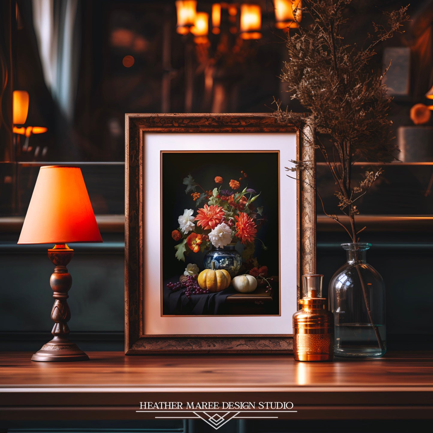 Flower Bouquet with Pumpkins and Fruit