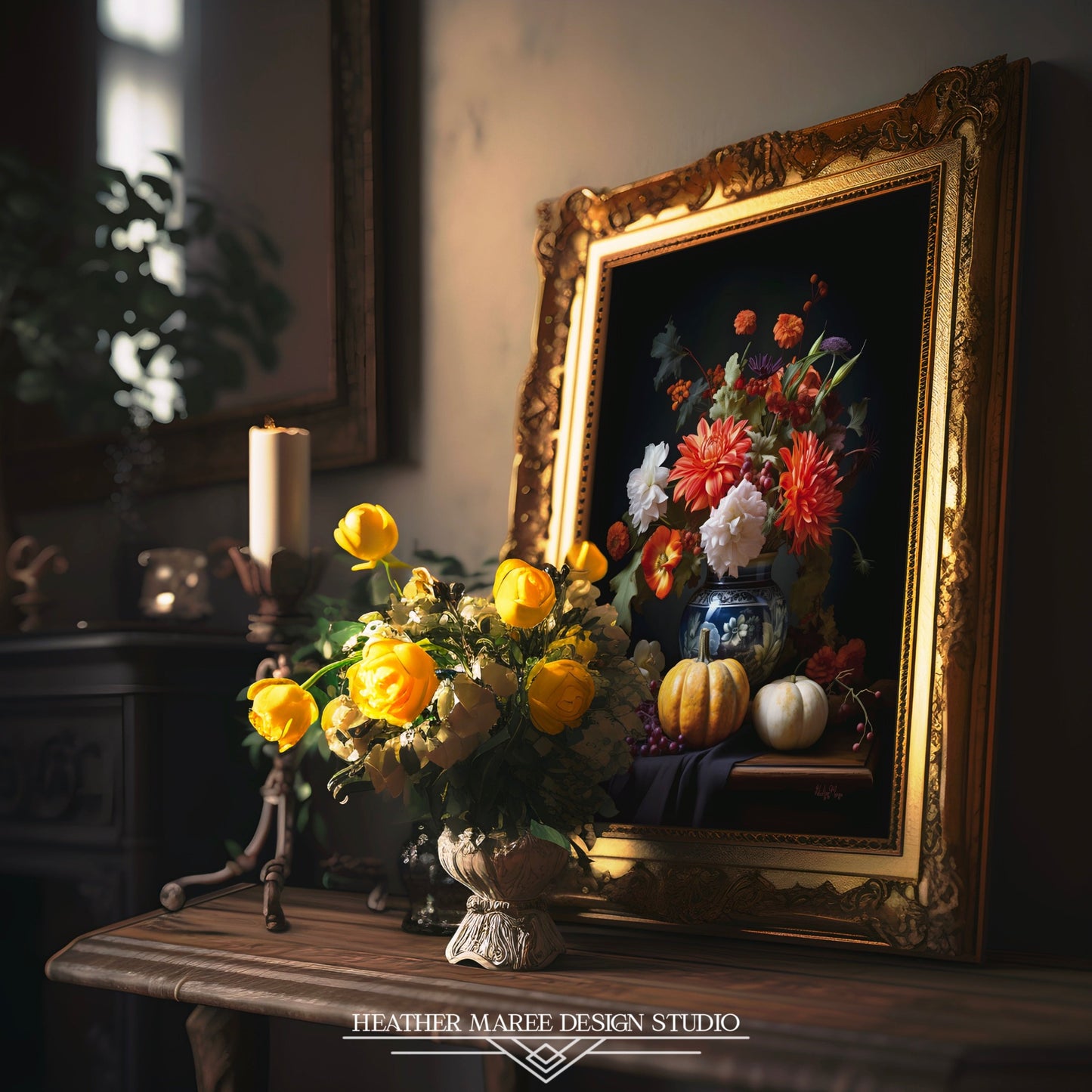 Flower Bouquet with Pumpkins and Fruit
