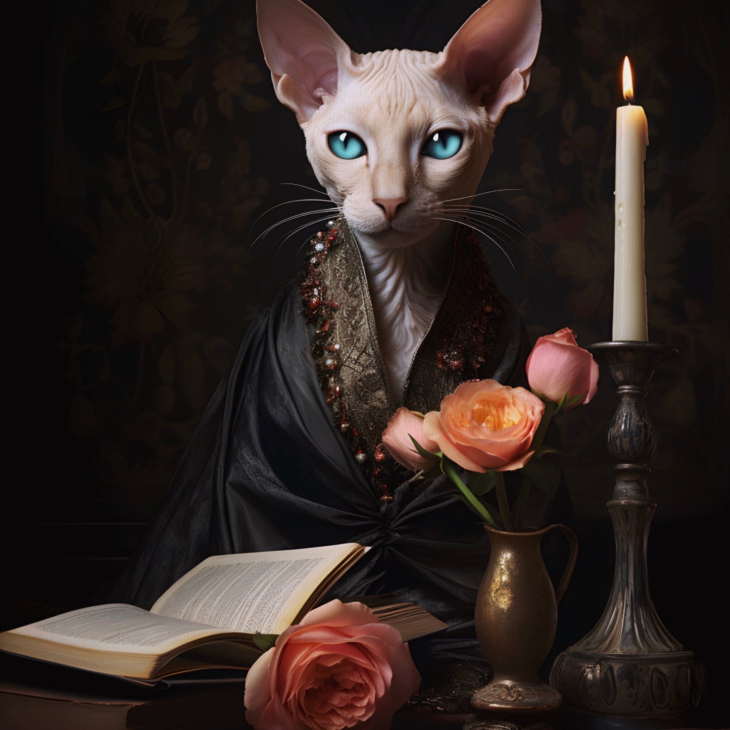 Cornish Rex with Books and Flowers