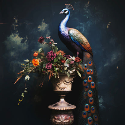 Peacock with a Vase of Flowers