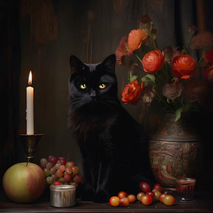Black Cat with Flowers and Fruits