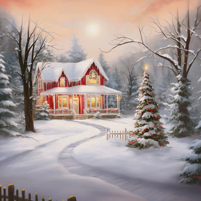 Red Cottage in a Snowy Forest