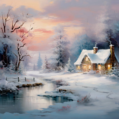 Snowy Forest Cottage at Sunset