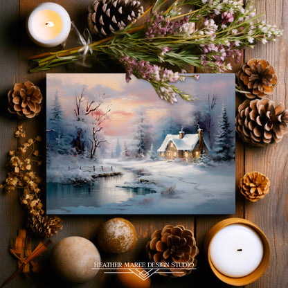 Snowy Forest Cottage at Sunset
