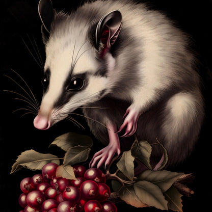 Opossum with Red Berries